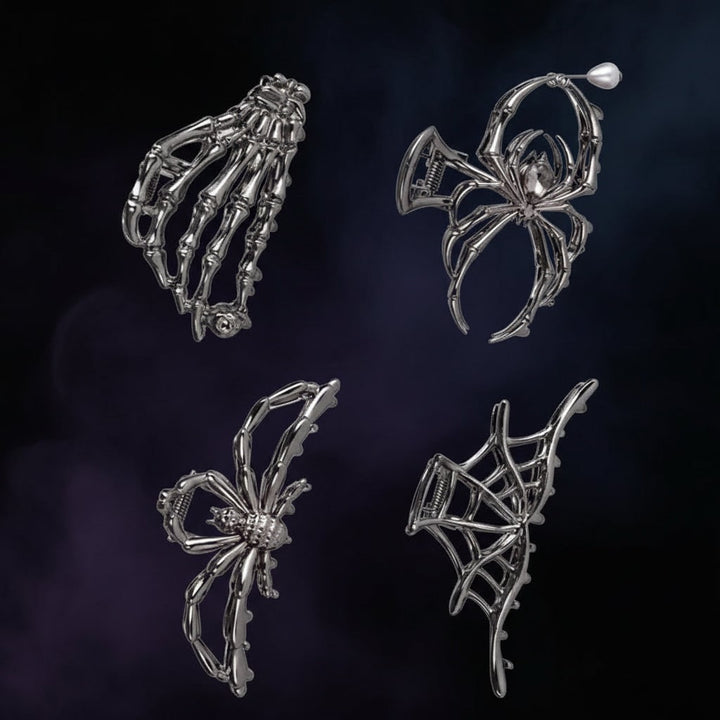 Women's Halloween Hair Claw Clips with Skeleton Hand Bat Wing and Spiderweb Metal Decorative Design