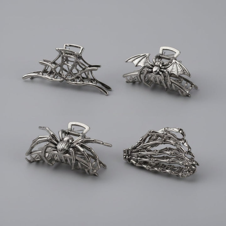 Women's Halloween Hair Claw Clips with Skeleton Hand Bat Wing and Spiderweb Metal Decorative Design