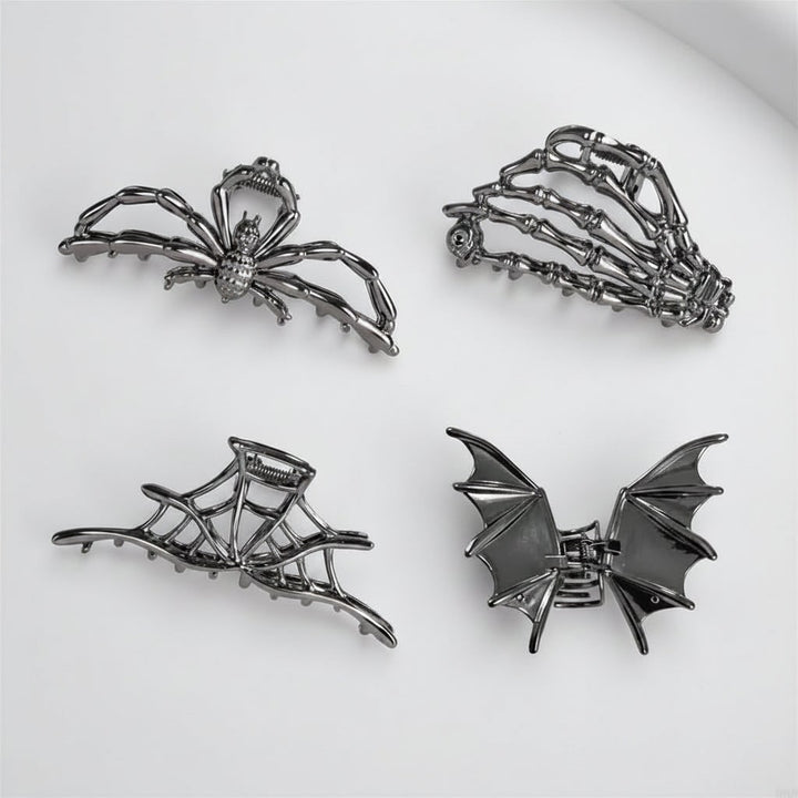 Women's Halloween Hair Claw Clips with Skeleton Hand Bat Wing and Spiderweb Metal Decorative Design