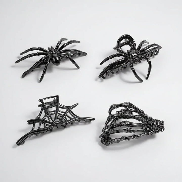 Women's Halloween Hair Claw Clips with Skeleton Hand Bat Wing and Spiderweb Metal Decorative Design