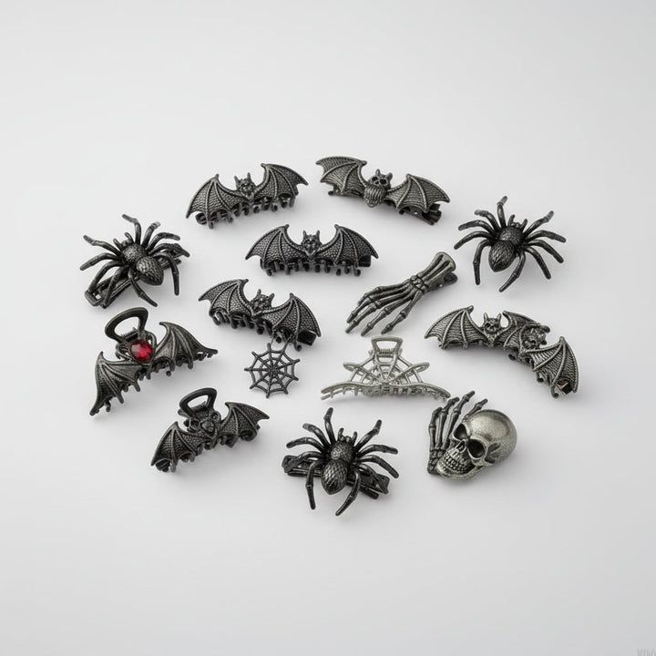 Women's Halloween Hair Claw Clips with Skeleton Hand Bat Wing and Spiderweb Metal Decorative Design