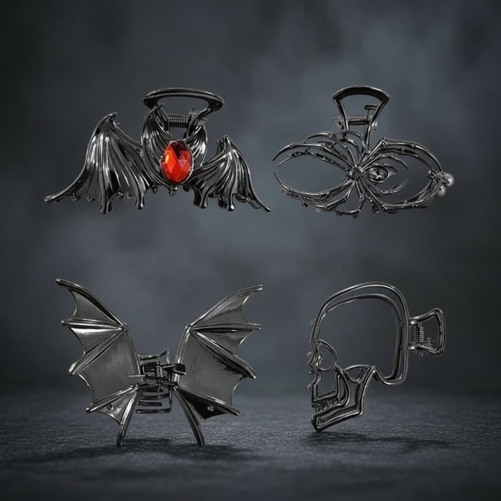 Women's Halloween Hair Claw Clips with Skeleton Hand Bat Wing and Spiderweb Metal Decorative Design