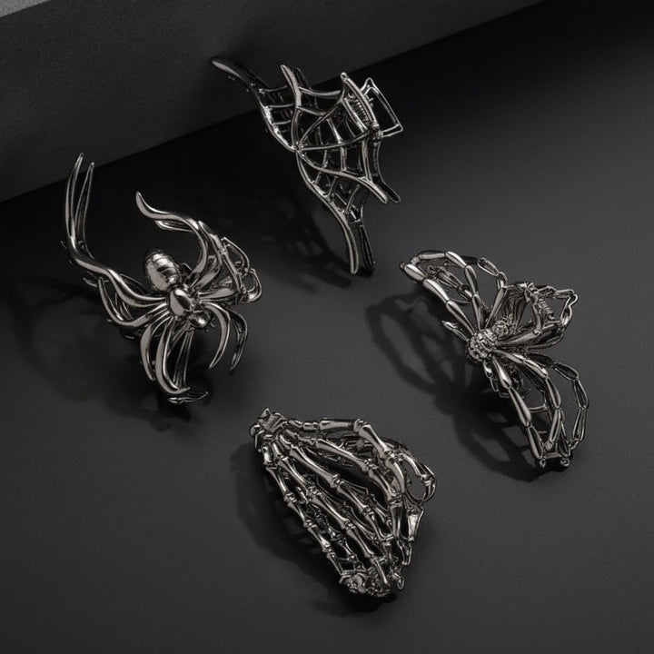 Women's Halloween Hair Claw Clips with Skeleton Hand Bat Wing and Spiderweb Metal Decorative Design