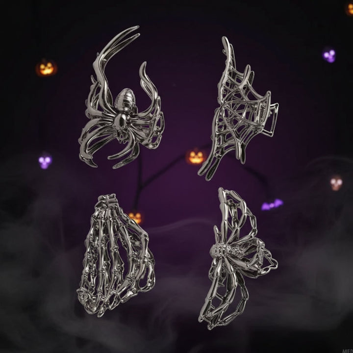 Women's Halloween Hair Claw Clips with Skeleton Hand Bat Wing and Spiderweb Metal Decorative Design