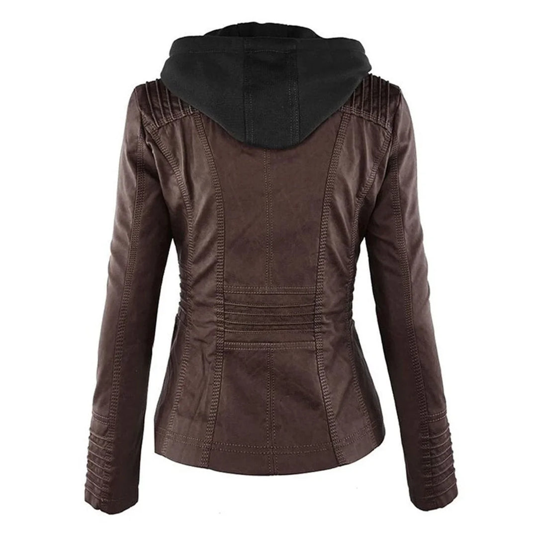 Faux Leather Moto Coat with Removable Hood