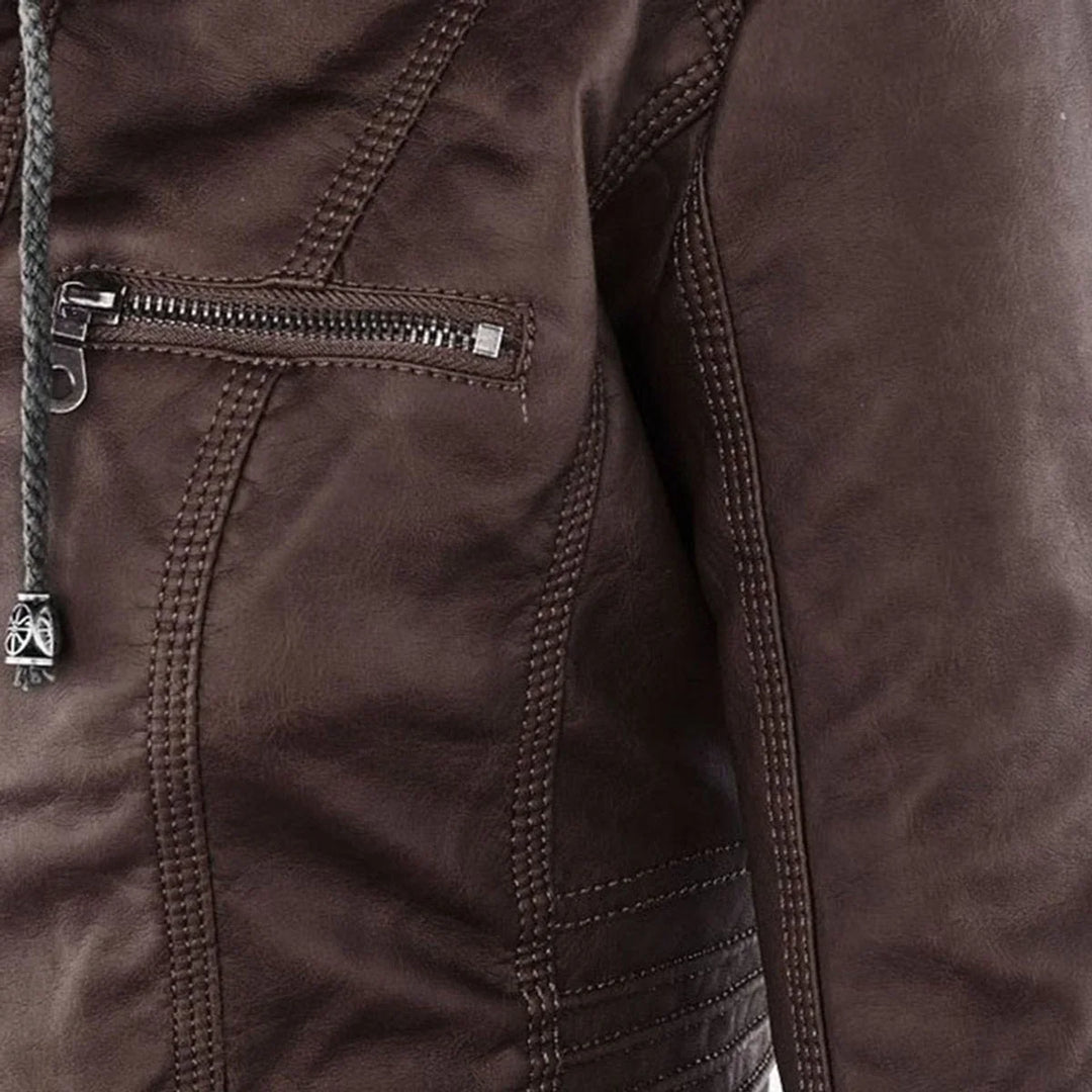 Faux Leather Moto Coat with Removable Hood