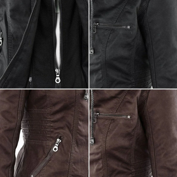 Faux Leather Moto Coat with Removable Hood