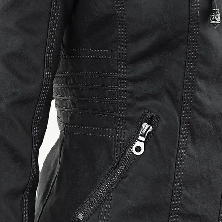 Faux Leather Moto Coat with Removable Hood