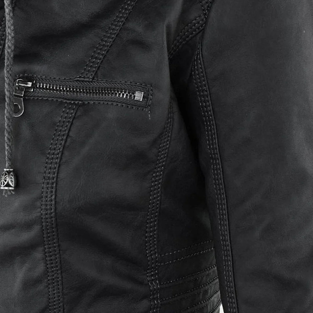 Faux Leather Moto Coat with Removable Hood