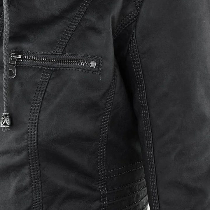 Faux Leather Moto Coat with Removable Hood