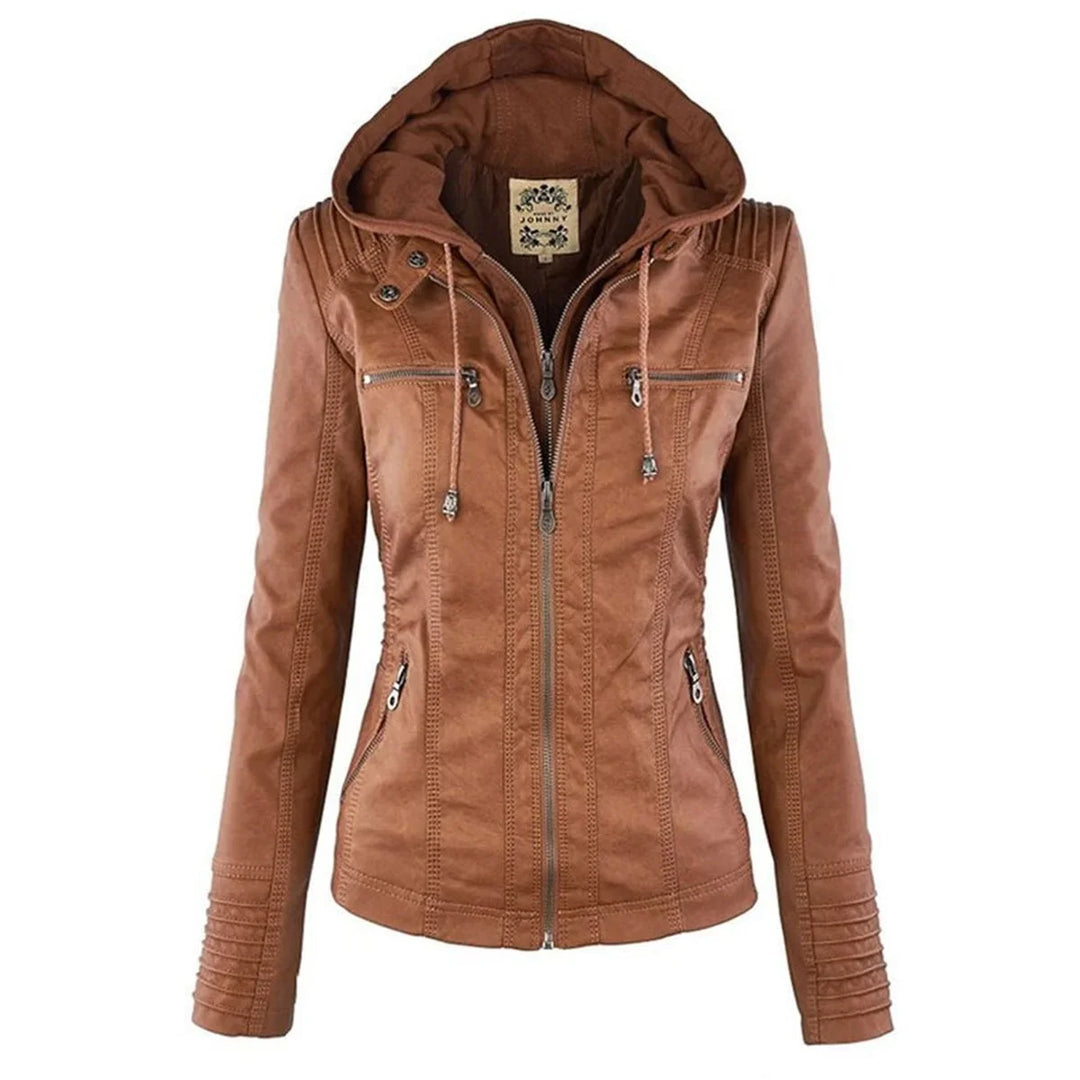 Faux Leather Moto Coat with Removable Hood