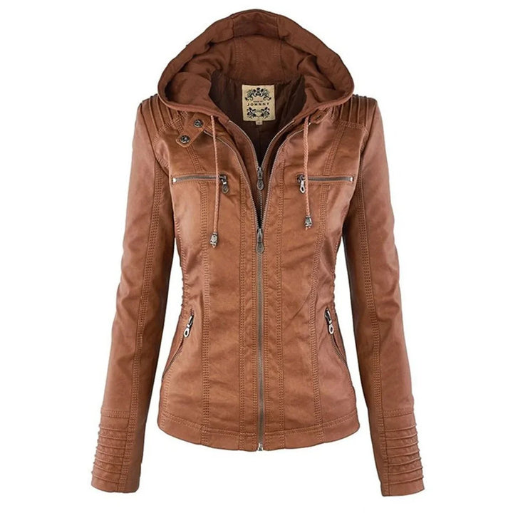 Faux Leather Moto Coat with Removable Hood