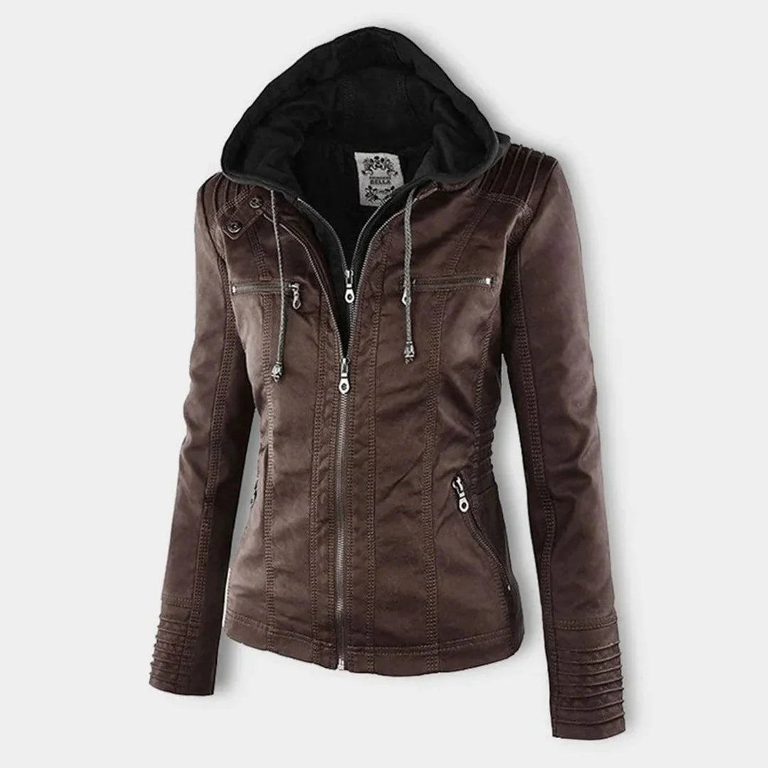 Faux Leather Moto Coat with Removable Hood