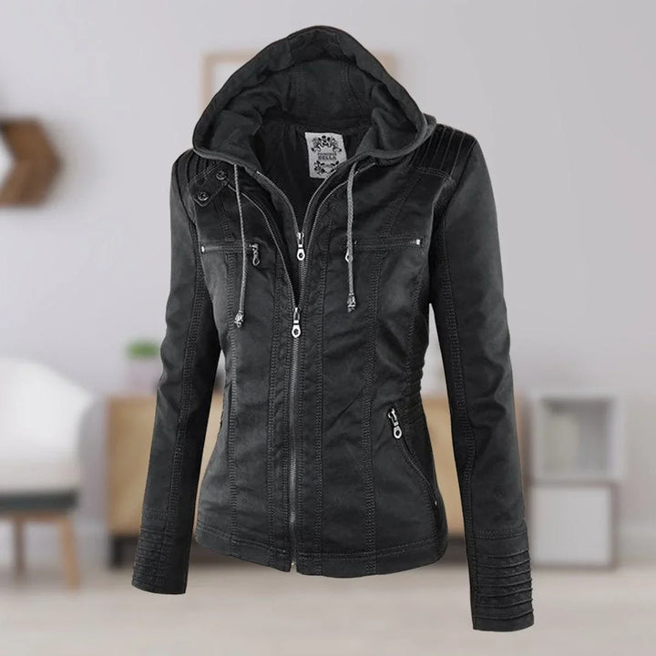 Faux Leather Moto Coat with Removable Hood