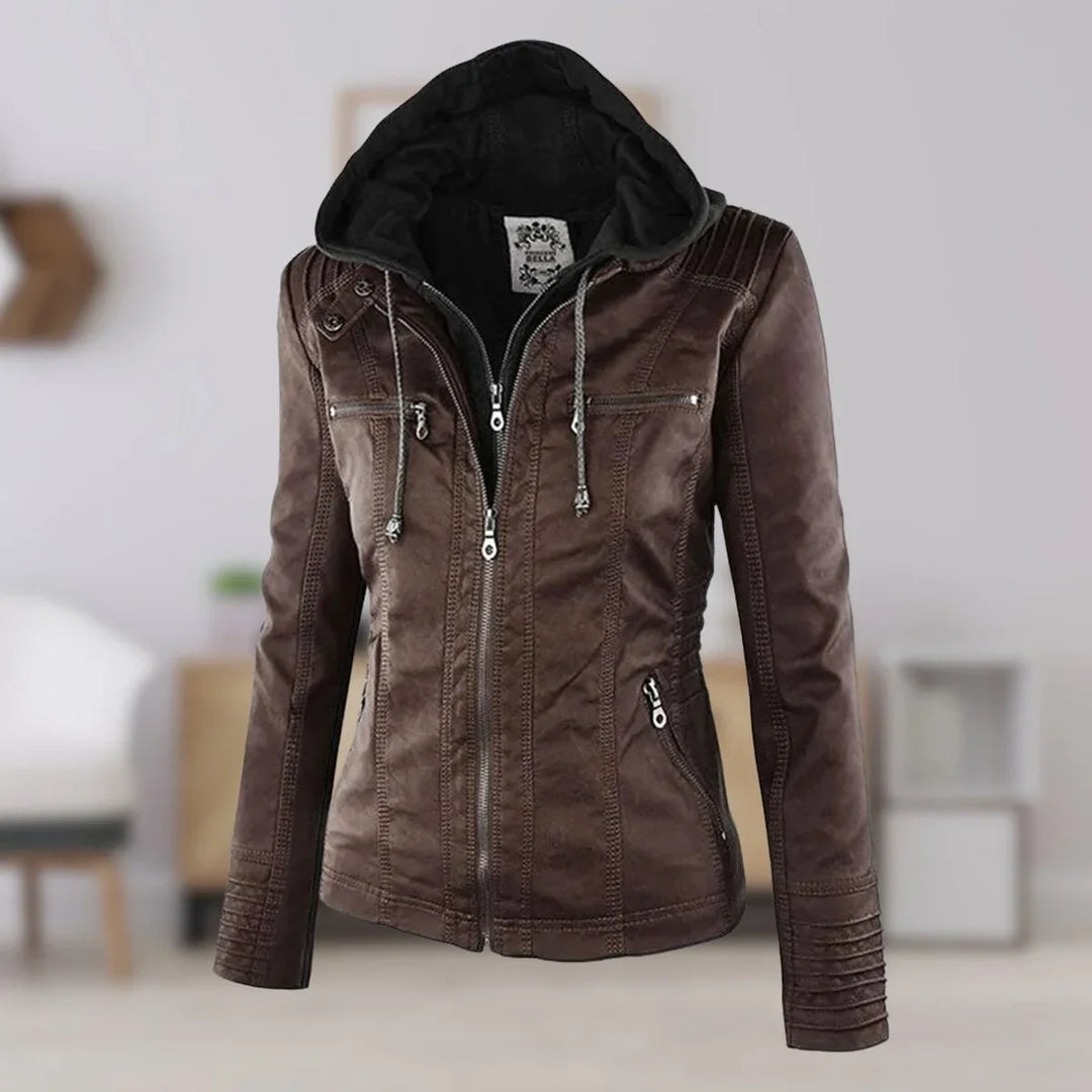 Faux Leather Moto Coat with Removable Hood