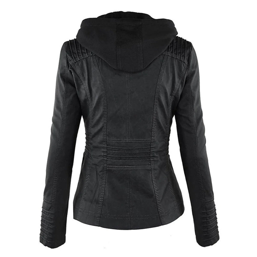 Faux Leather Moto Coat with Removable Hood