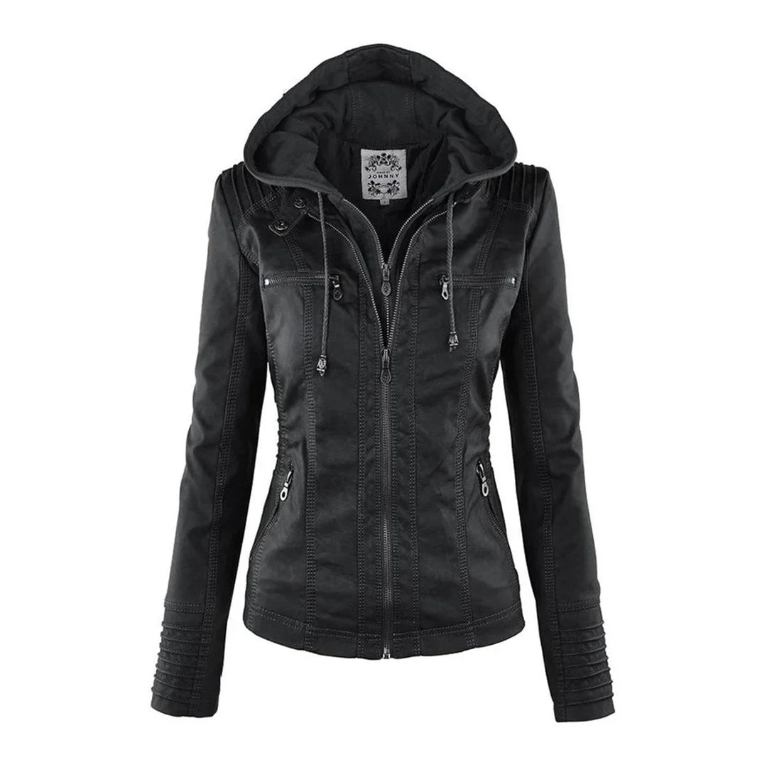 Faux Leather Moto Coat with Removable Hood