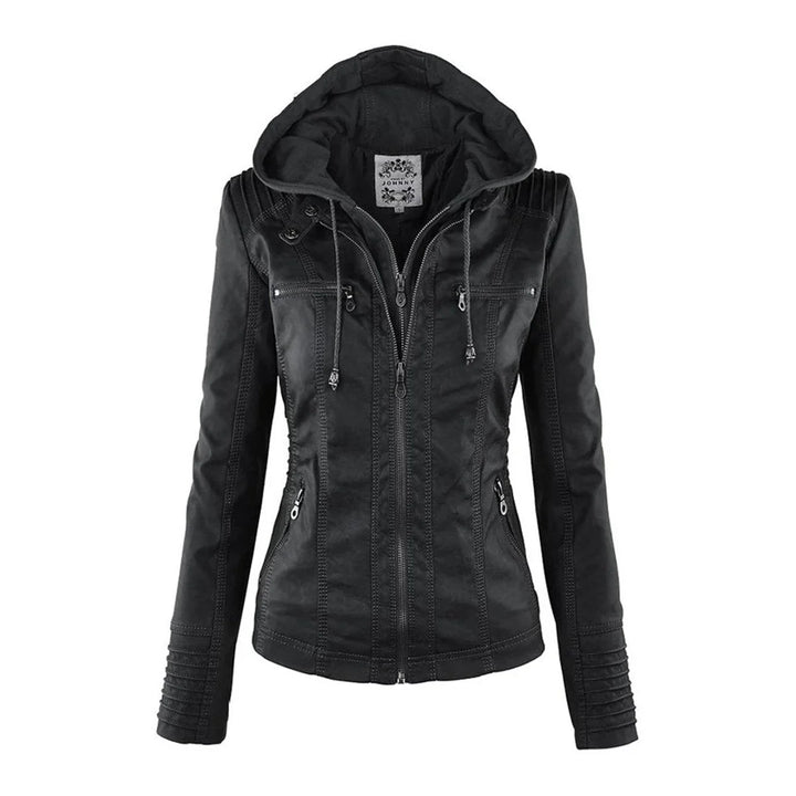 Faux Leather Moto Coat with Removable Hood