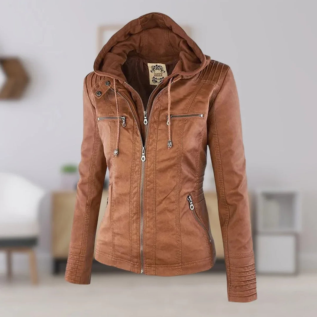 Faux Leather Moto Coat with Removable Hood