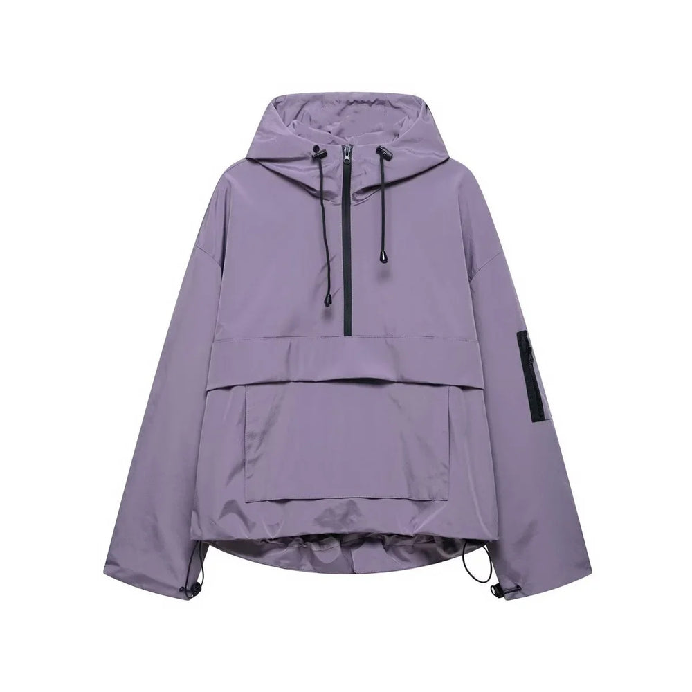 Hooded Pullover Anorak Quilted Jacket With Half Zip