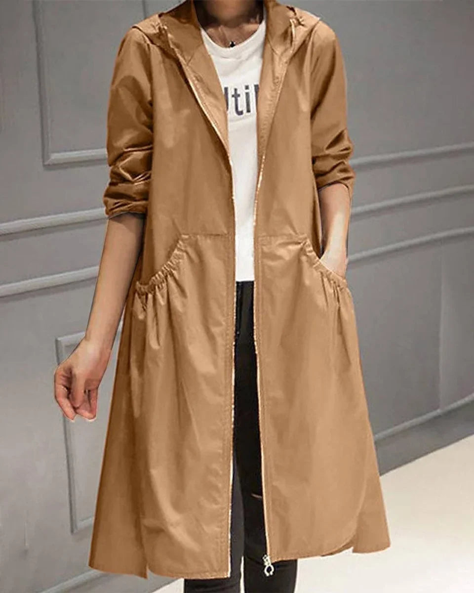 Women's Hooded Waterproof Zip-Up Trench Coat