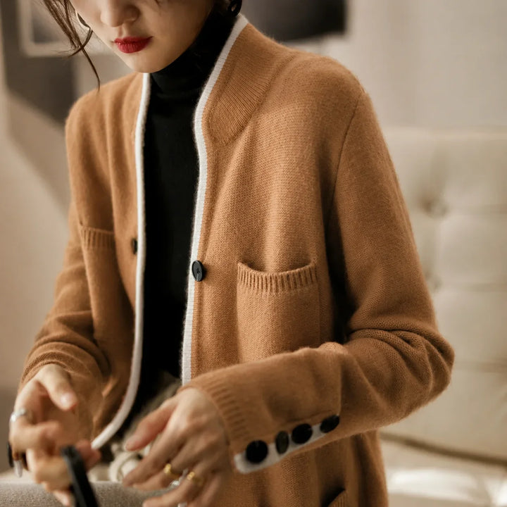 Knit Button-Front Cardigan with Contrast Trim
