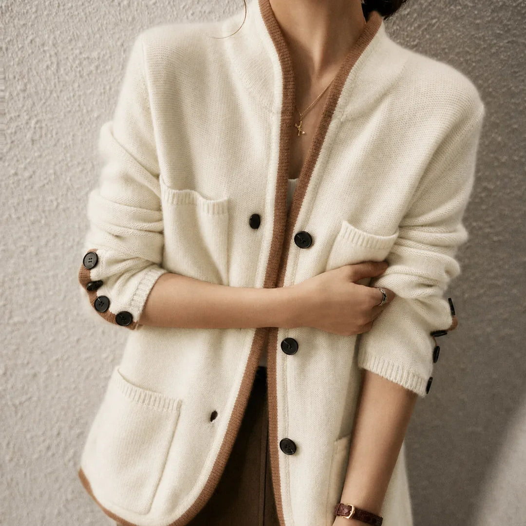 Knit Button-Front Cardigan with Contrast Trim