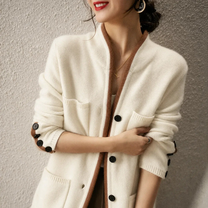 Knit Button-Front Cardigan with Contrast Trim