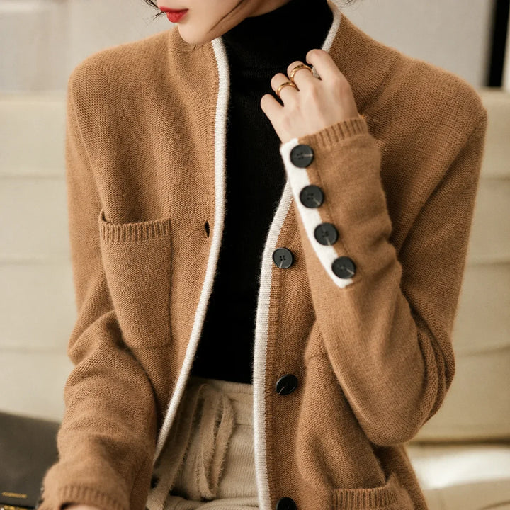 Knit Button-Front Cardigan with Contrast Trim