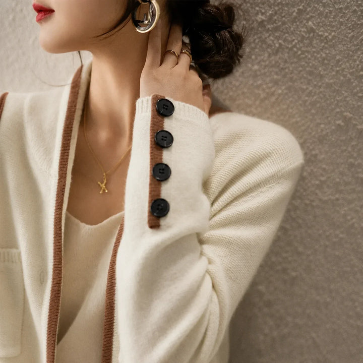 Knit Button-Front Cardigan with Contrast Trim