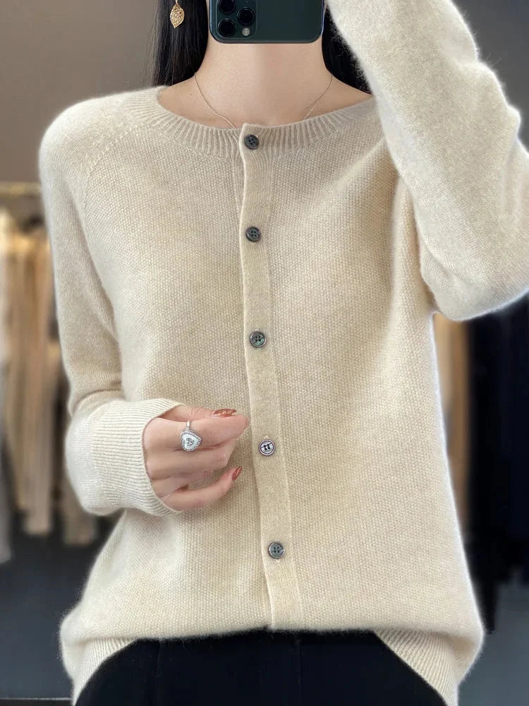 Knit Crew-Neck Cardigan with Button Front