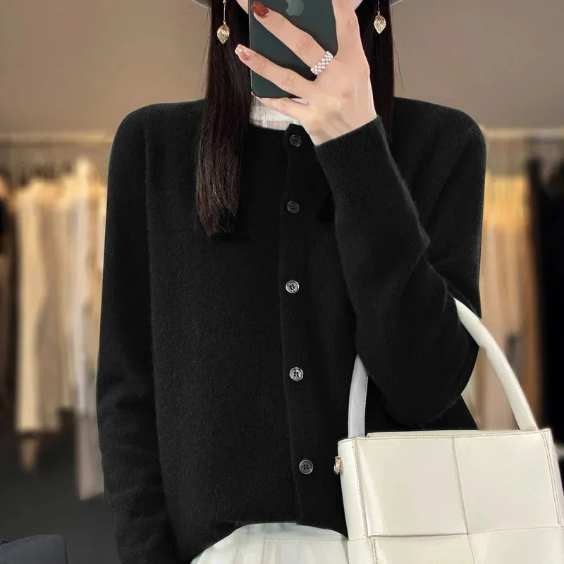 Knit Crew-Neck Cardigan with Button Front