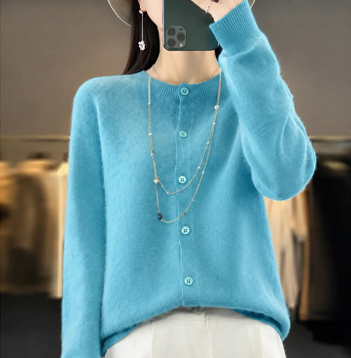 Knit Crew-Neck Cardigan with Button Front