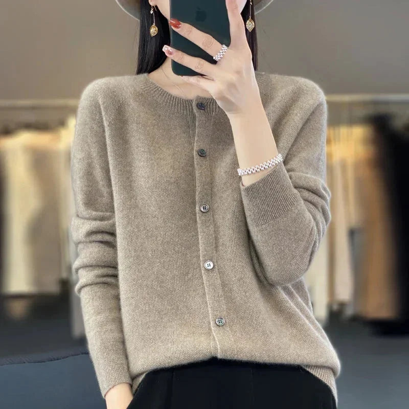 Knit Crew-Neck Cardigan with Button Front