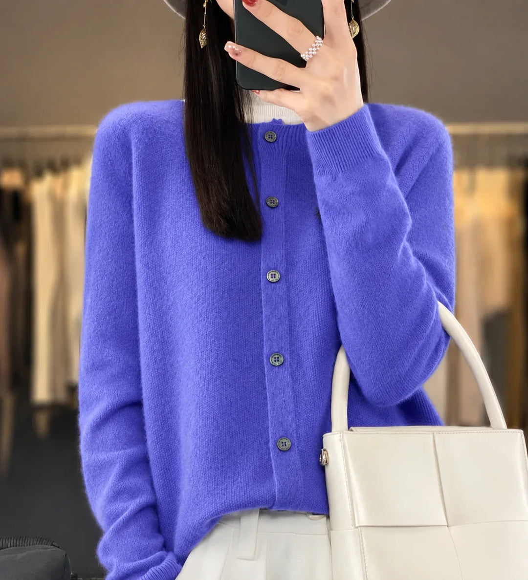 Knit Crew-Neck Cardigan with Button Front