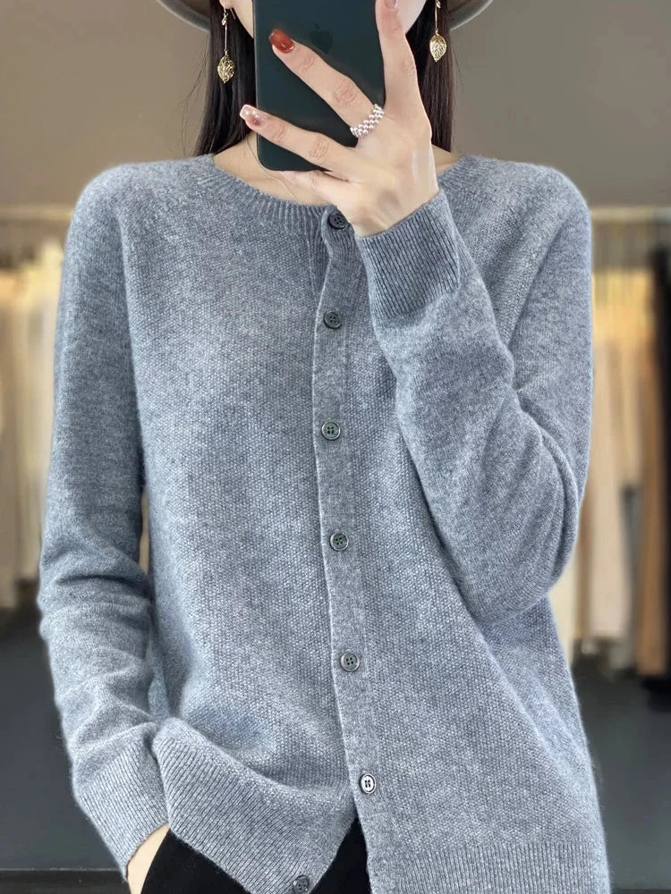 Knit Crew-Neck Cardigan with Button Front
