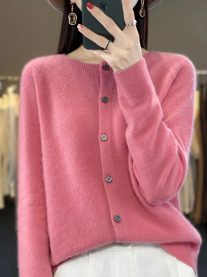 Knit Crew-Neck Cardigan with Button Front