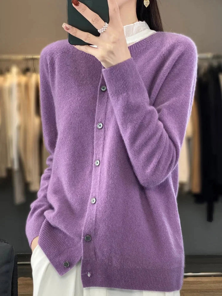 Knit Crew-Neck Cardigan with Button Front