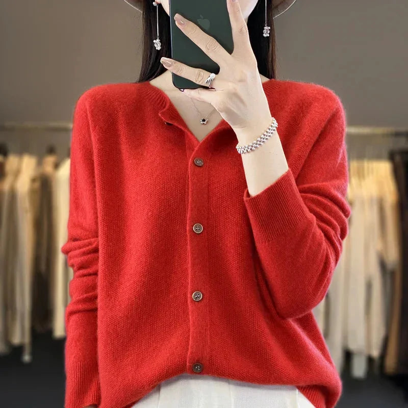 Knit Crew-Neck Cardigan with Button Front