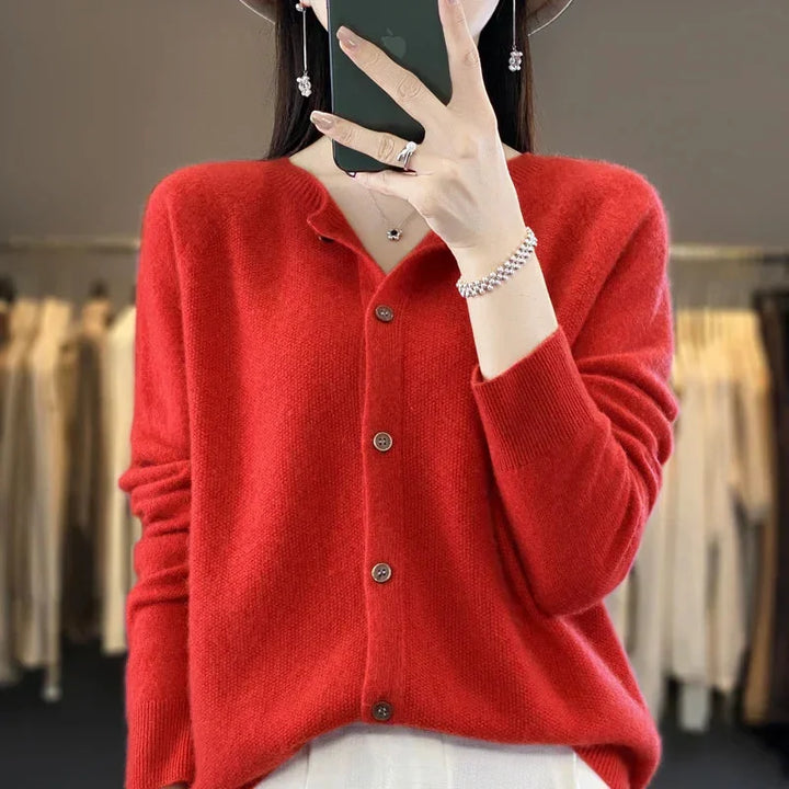 Knit Crew-Neck Cardigan with Button Front