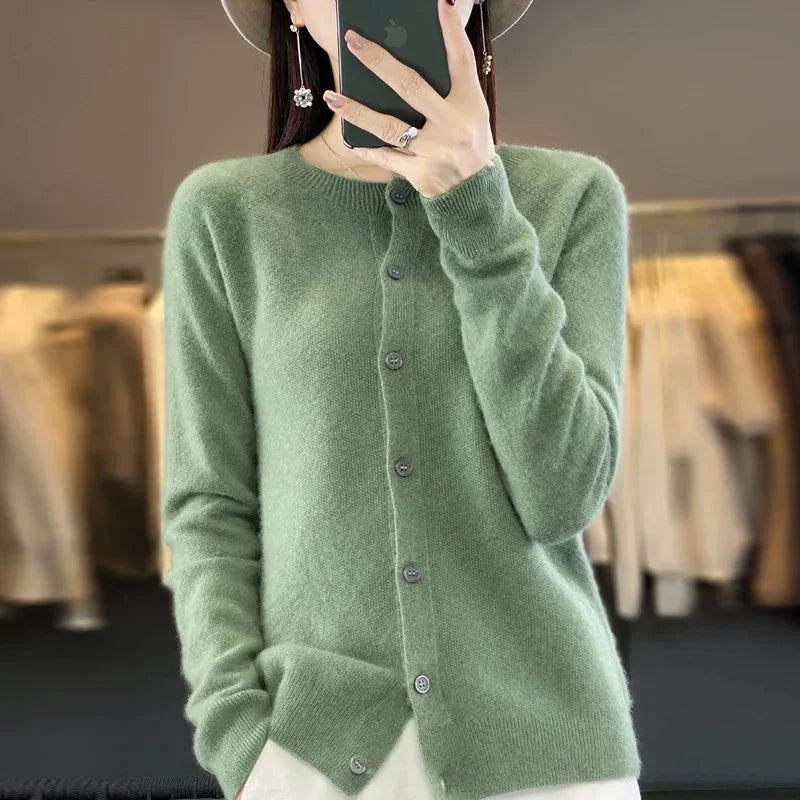 Knit Crew-Neck Cardigan with Button Front