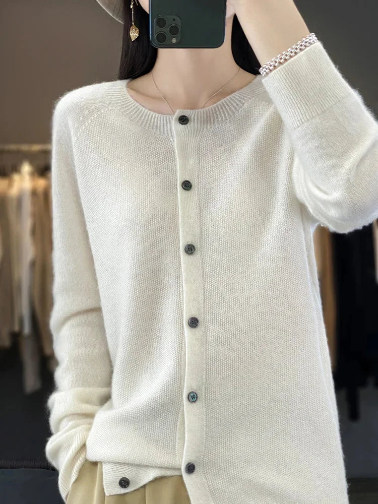 Knit Crew-Neck Cardigan with Button Front