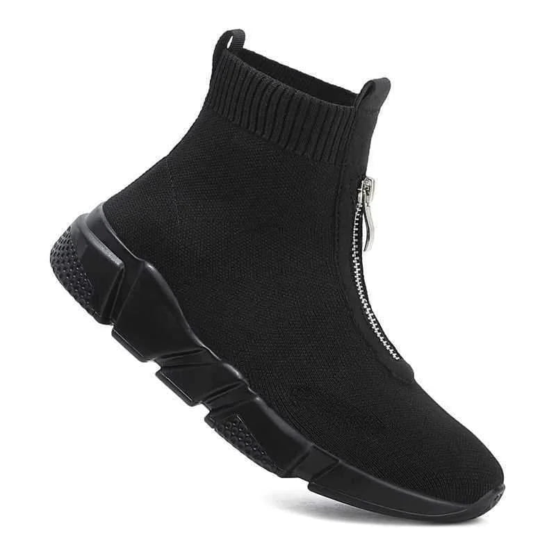 Knit High-Top Sock Boots with Chunky Sole and Front Zip