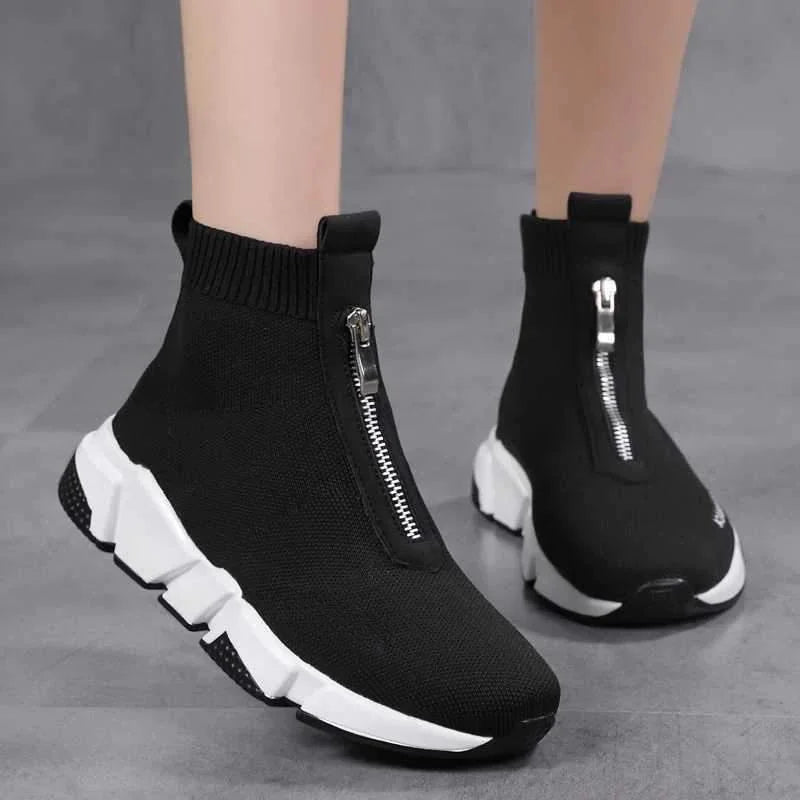 Knit High-Top Sock Boots with Chunky Sole and Front Zip