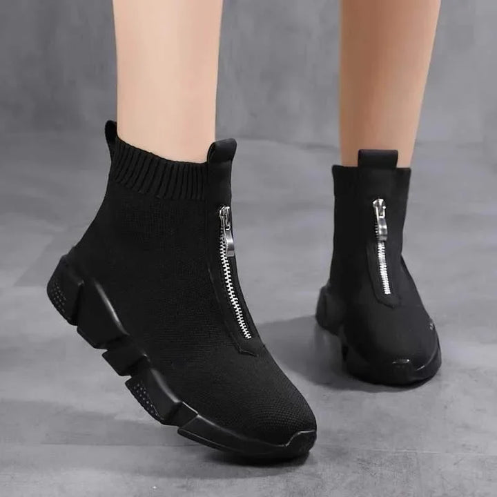 Knit High-Top Sock Boots with Chunky Sole and Front Zip