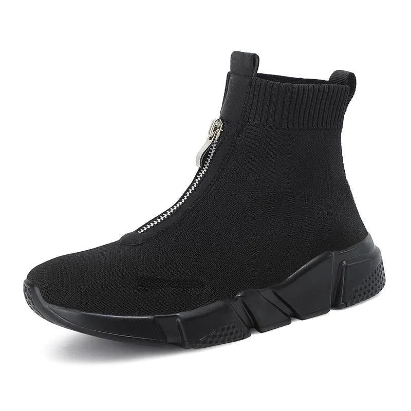 Knit High-Top Sock Boots with Chunky Sole and Front Zip