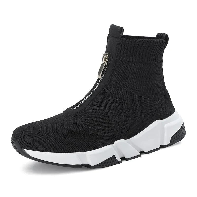 Knit High-Top Sock Boots with Chunky Sole and Front Zip