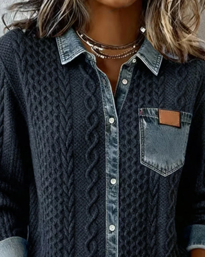 Women's Cable-Knit Long-Sleeve Top with Denim Trim