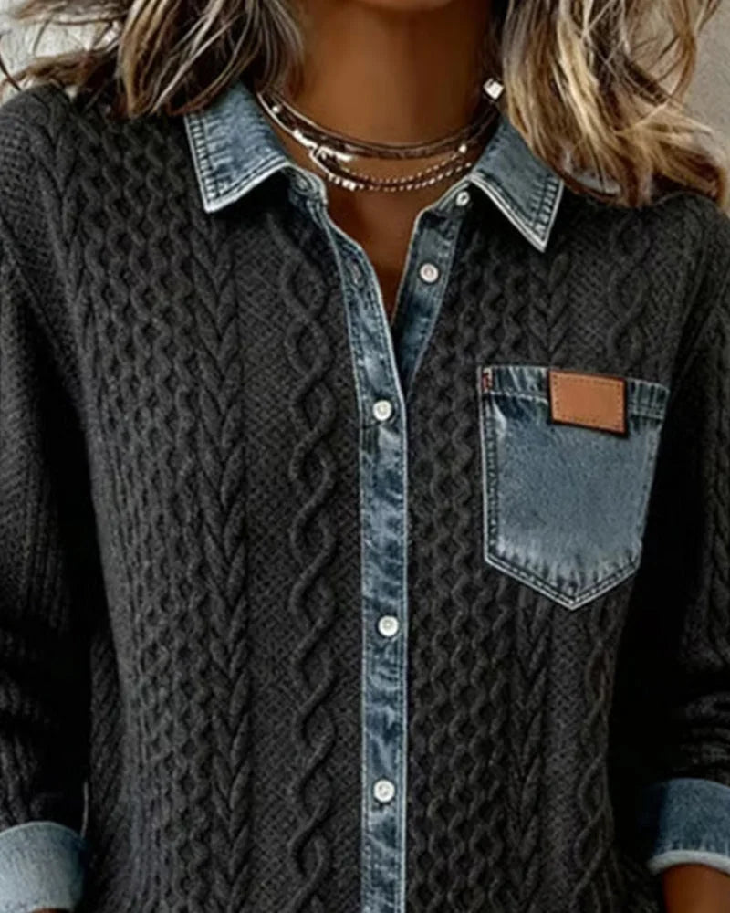Women's Cable-Knit Long-Sleeve Top with Denim Trim