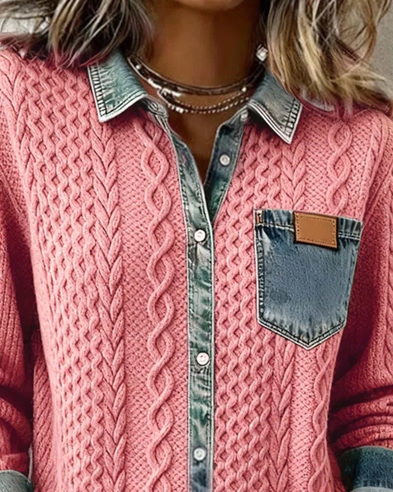 Women's Cable-Knit Long-Sleeve Top with Denim Trim